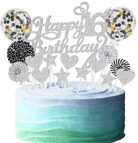 Tortendeko 16. Geburtstag Silber Schwarz für Mädchen Junge - Happy Birthday Kuchen Deko Set mit Glitter Cake Topper - Kuchendeko für 16 Jahre Feier
