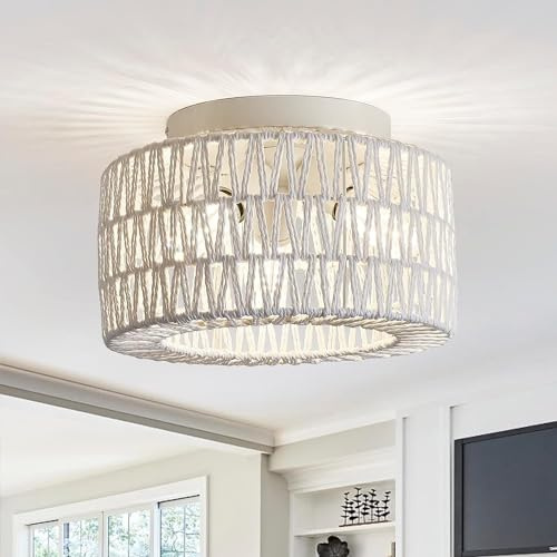 Woven Rattan Ceiling Light Fixtures, Modern Boho Chandelier Handwoven Rattan Basket Cage Shade, Rustic Flush Mount Ceiling Lamp Farmhouse Ceiling Hanging Lamp Dining Room Kitchen Bedroom (White)