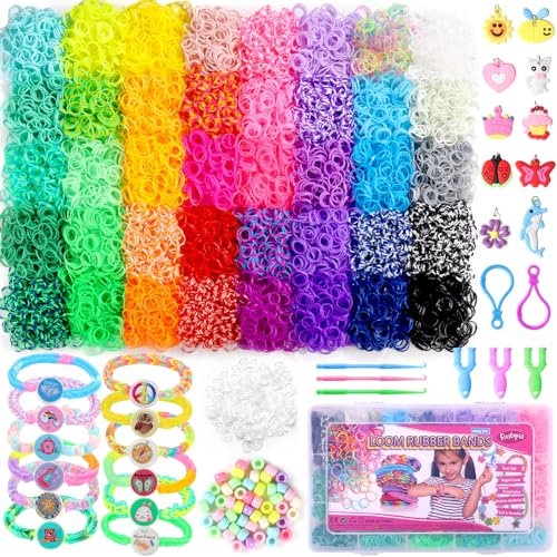 Funtopia 9000+ Loom Bänder Set, 40 Farben Loops Gummis für Armbänder, Elastisches Loombänder mit Perlen Anhänger Charms Haken Aufbewahrungsbox, DIY Basteln Spielzeug für Kinder Mädchen