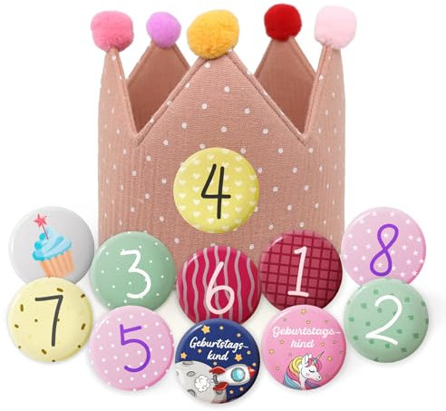 Sugeru Geburtstagskrone Musselin mit Zahlen, krone geburtstag Jungen Mädchen | Kindergeburtstag deko | Partyhüte,Party Deko | für den Kindergeburtstag | Krone aus Button Zahlen von 1-8 (Rosa II)