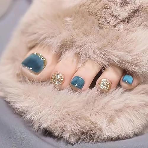 24pcs French Tip False Toenails Lake Blue Cat Eye Press on Toe Nails Glitter Gold Stick on Toe Nails Removable Glue-on Toenails Fake Toe Nails Full Cover Acrylic Toe Nail Art Tips for Women Girls
