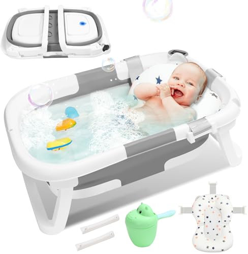 Daromigo Baignoire Bébé Pliable, Baignoire pour Bébé avec Thermomètre, Coussin, Rince Tete Bébé, Antidérapant BéBé Nouveau-né Enfants Bathtub de 0 à 36 mois, Ergonomique et Peu Encombrante, Gris