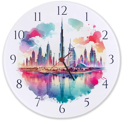 speecheese Dubai Wanduhr aus Glas Stadt Skyline Uhr Orient Flair mit Wahrzeichen Wolkenkratzer Architektur Dekorative Naher Osten Wanddeko