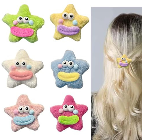 Clips para el pelo de estrella con forma de estrella, bonitas pinzas para el pelo, 6 horquillas de pelo de peluche con forma de boca de salchicha y cara sonriente, para niñas y mujeres