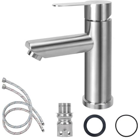 Minnhua Rubinetto Bagno Monocomando Argento per Lavabo Alto in Acciaio Inossidabile - Miscelatore Con Controllo Acqua Calda e Fredda