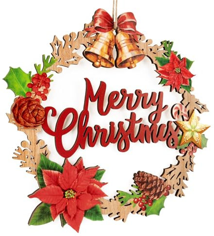 BOFUNX 30cm Ghirlanda di Natale in Legno per Porta Corona Natalizia Ghirlande Natalizie per Porta Corona di Natale Decorazioni Natalizie per Porta Parete Decorazione di Casa