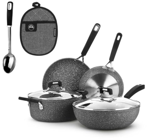 Set pentole e padelle KASANOVA New Petra Dark, antiaderente, induzione e forno fino a 180°C, con presina e cucchiaio (8, Pezzi)