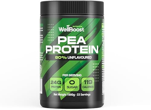 WellBoost Pea Protein Powder 1000g – Plant-Based 80% Protein, Unflavoured & Sugar-Free Supplement for Lean Muscle Growth – 33 Servings