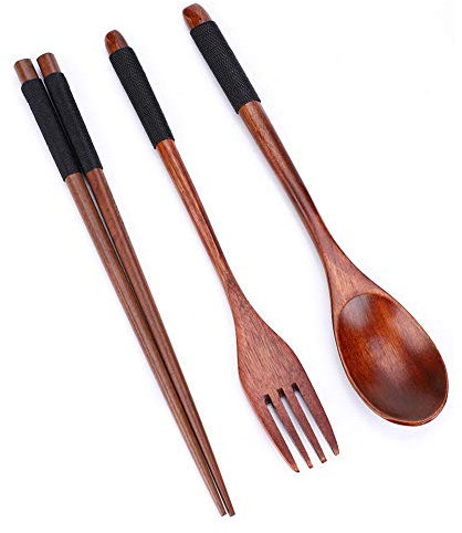 Wooden Chopsticks Spoon Fork Tableware Dinnerware 3pcs Set (with Thread) (Black)