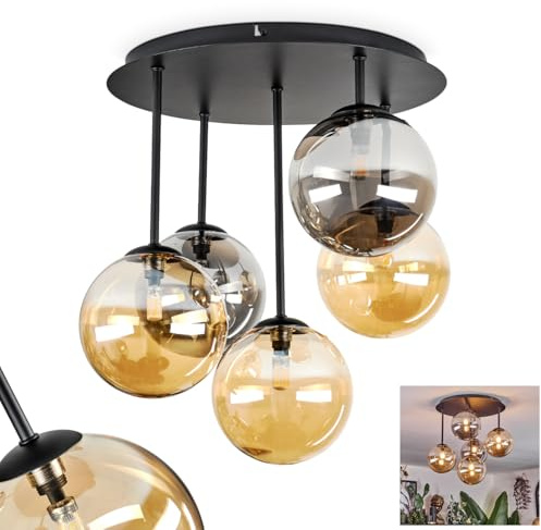 HOFSTEIN Deckenleuchte Chehalis, 5-flammige Deckenlampe aus Metall/Glas in Schwarz/Rauch/Bernstein, Leuchte im Retro/Vintage-Design (Schirme Ø 15 cm), G9, Esszimmer, Wohnzimmer, Schlafzimmer, Küche
