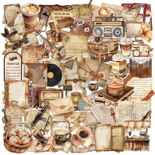 50Pcs Coffee Stickers, Vintage Coffee-Themed Stickers, PET Waterproof Transparent Decals for Water Bottles Laptops Books, Teens and Adults