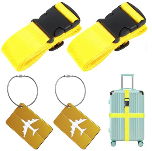 Koffergurt (2 Stück), inkl 2 Namensschildern, rutschfest Einstellbare Kofferbänder mit, Für Schnell erkennen Gepäck Reisetasche Koffer, 5 x 200cm, Gelb