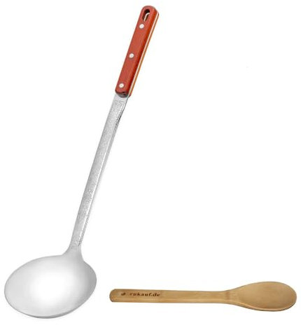 Louche stable en acier inoxydable - Longueur : 44 cm - Diamètre : 11 cm - Manche en bois - Louche à mousse - Style ouzbek - Pour Kazan Kazan - Avec cuillère en bois