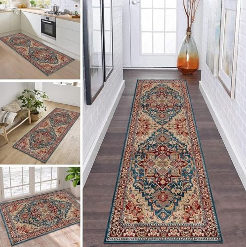Küchenteppich Läufer rutschfest Waschbar Vintage Blau Rot Teppichläufer 50x90cm Meterware Breit 40 120cm Ideal für Flur Schlafzimmer Wohnzimmer Esszimmer