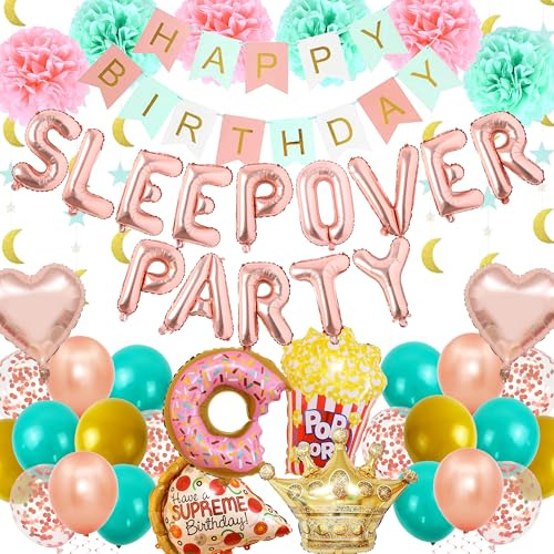 Pecration Sleepover Partyzubehör für Mädchen - Roségold Happy Birthday Banner Folie Latex Ballon Girlanden Papier Pom Poms für Mädchen Frauen Nacht Spa Schlummer Thema Party Dekoration
