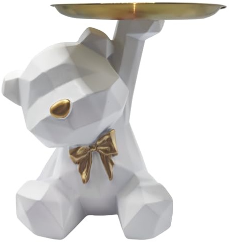 Tongyixin Kawaii Bär Skulptur Deko mit Aufbewahrungstablett，Geeignet für kleine Gegenstände wie Schlüsseln, Kosmetika, Schmuck usw，Resin Bären Decorations, für various decorative settings(Weiße)