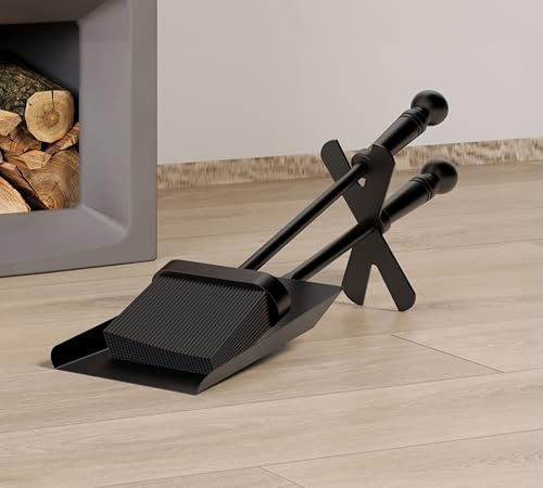 Kingson Kaminschaufel und Besen Set mit Ständer - Schwarzer Stahl Feuerbesteck - Modernes Kaminreinigungsset - Kompakt 38cm Länge - Dekorativ und funktional