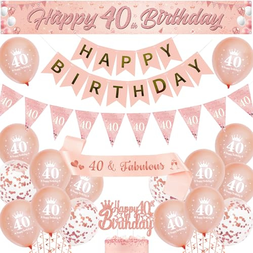 40th Birthday Decorations Banner for women - Rose Gold Party Balloons Set with Pennant Sash, Happy 40 Years Old Birthday Yard Banners and Cake Topper for Women Party Supplies