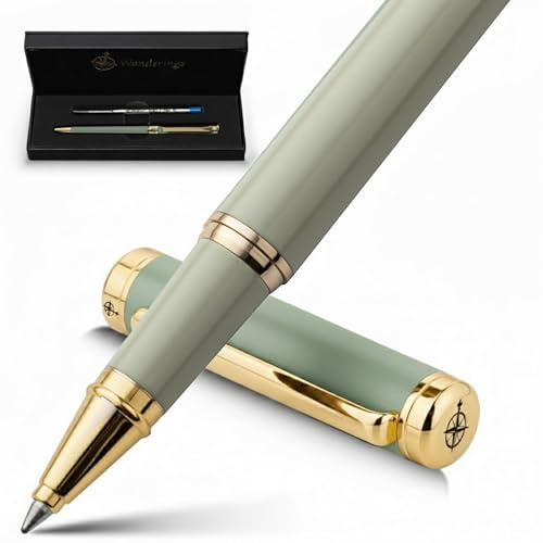 WANDERINGS Premium Rollerball Pen mit Deutscher Tinte – Perfekt Ausbalanciert für ein Hervorragendes Schreiberlebnis – 24K Vergoldet Grün – Soft Sage Grün – Inklusive Schmidt-Refill im Geschenk-Etui