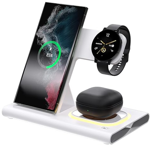Chargeur sans fil 3 en 1 pour Samsung - Station de charge - Smartphone Android - Plusieurs appareils LED - Pliable - Support pour Samsung Galaxy S25 S24 S23 S22 Note 20 Watch 8/7/6 écouteurs (blanc)
