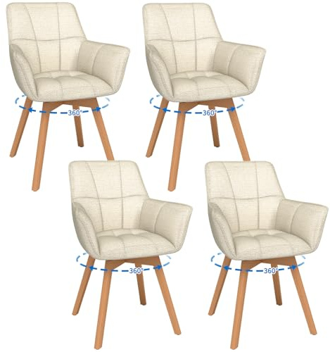 WAFTING 4er Set Drehbare Esszimmerstühle, 360° Drehstuhl mit Armlehnen Holzbeinen, Samtstoff Polsterstuhl für Esszimmer, Wohnzimmer, Küche, Schlafzimmer, Beige