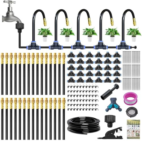 98Ft/30M Drip Irrigation System Kit, 360° Adjustable Micro Spray Sprinkler Kit, Bendable Automatic Garden Watering System, Nozzle Copper Sprayer Sprinklers, Atomizing System, Greenhouse Accessories