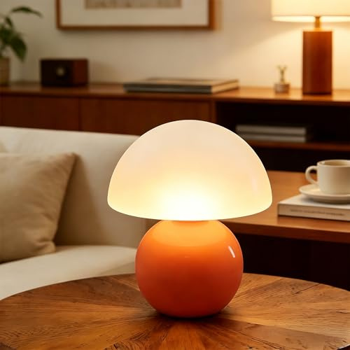 EUG-PRODUCTS Led Dimmbar Tischleuchte Deko Wohnzimmer, Nachttischlampe Tischlampe, Schlafzimmer Tischlampen, Mushroom Bedside Table Lamp, Keramikbasis Glas Klein Nachtlampe (Orange)