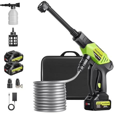 IronHawk Hidrolimpiadora Inalámbrica con Boquilla 6 en 1, 800 PSI Motor sin Escobillas, Pistola de Agua a Presión Portátil con 2 Baterías 4000mAh para Limpieza de Coche y Jardín