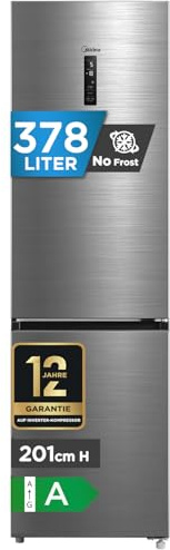 Midea 378L Kühlschrank mit Gefrierfach,201cm,29dB,EEK A,NoFrost,DualCooling | Inverter Kompressor, Metal Cooling, 256L Kühlteil+122L Gefrierteil, 113 kWh/Jahr, Frischezone,180° flip shelf, MDRB521MGA46D