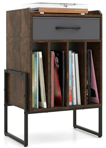 COSTWAY Supporto per Giradischi, Mobile Giradischi in Legno con Cassetto in Tessuto e 4 Scomparti, per fino a 160 Dischi in Vinile, Scaffale per Dischi in Stile Retrò per Soggiorno e Camera da Letto