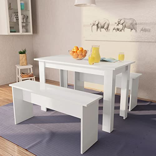 3-tlg Essgruppe Sitzgruppe Esszimmer Tischgruppe Küche Holzwerkstoff Weiß modern kompakt mit 1 Tisch 2 Bänken skandinavisch platzsparend für Essbereich