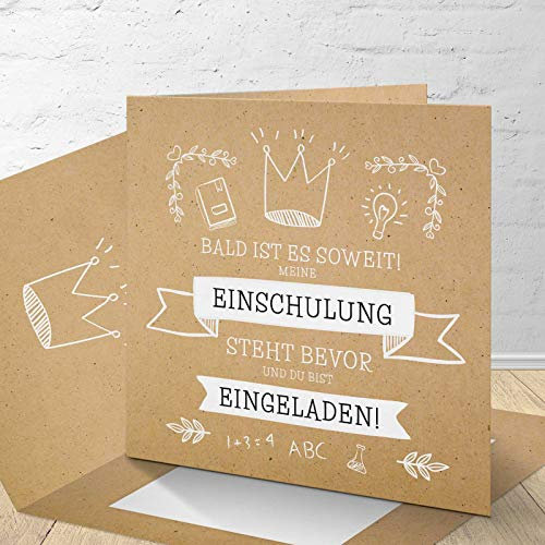 Kartenkuss 8x Einladungskarten für die Einschulung mit passenden Umschlägen, Einladungskarten zur Einschulung im Set zu 8 Stk. Krone Design