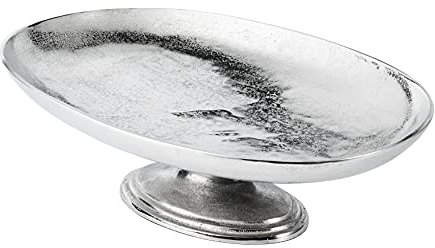 MichaelNoll Schale auf Standfuß Oval Servierplatte Dekoschale Aluminium Silber Luxus 47 cm / 57 cm (XL - 57x39x17 cm)