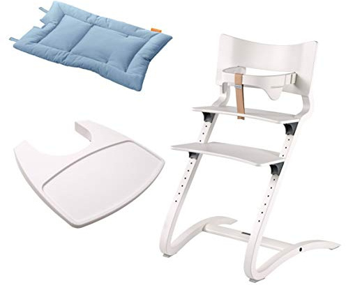 Leander Stuhl weiß - Hochstuhl - Kinderstuhl - Erwachsenenstuhl mit Babybügel + Tablett weiß + Kissen dusty blue