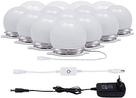 LED Spiegelleuchte Hollywood Stil, AIBOO 14 Schminktisch Dimmbar, Spiegel Schminklicht mit Netzteil, Natürliches Weiß Make Up Licht für Schminkspiegel, Kosmetikspiegel, Spiegel Nicht Inbegriffen