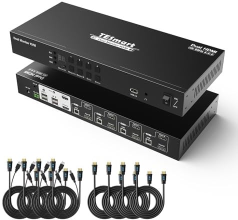 TESmart KVM Switch Dual Monitor HDMI 4 Port, 4x2 KVM Switches for 2 Monitors 4 Computers, UHD 4K@60Hz, L/R Port, Hotkey,Dolby Vision,EDID, PC Monitor Switch with Cables and Remote Control