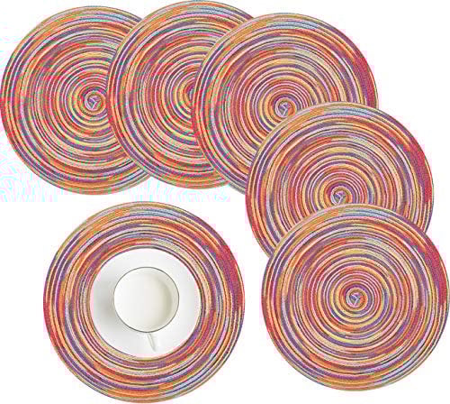 HEYOMART Place Mat, Round Woven Placemats Set of 6 Heat-resistant Non-slip Washable Braided Cotton Dinner Table Mats for Dining, Kitchen Table 38cm (Rainbow Red)