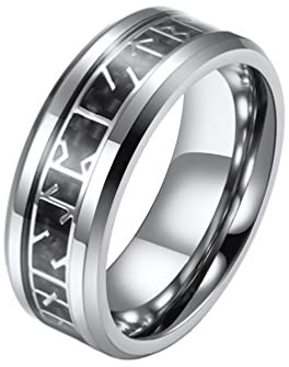 PAMTIER Herren Edelstahl Kohlefaser Wikinger Runenring Nordische Buchstaben Ehering 8mm Silber Größe 68