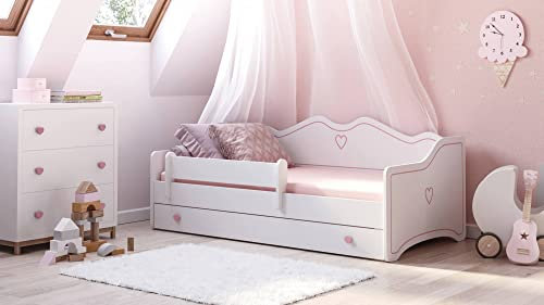 Dmora Letto Singolo per Bambini, Lettino Decorato con cassettone e Protezione anticaduta per cameretta, cm 164x85h70, Colore Bianco e Rosa