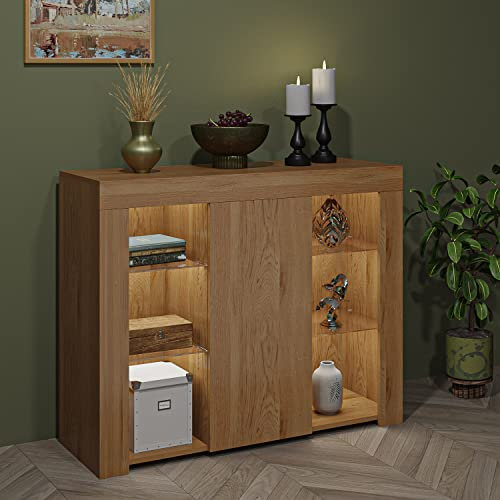 Panana 4 Glass Shelves Cabinet Bookcase Buffet Sideboard Server Table Accent Sideboard Cupboard With White Color LED Lights (Oak)