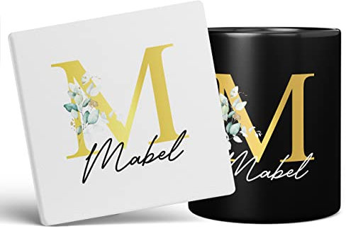 Personalised Letter M Floral Mug Initial with Name, Customised Gift, Gold Effect Printed Letter, NOT Metallic - Ceramic Coffee Cup for Men or Women, Extra Large and Giant Mug, 11oz Black Cup & Coaster
