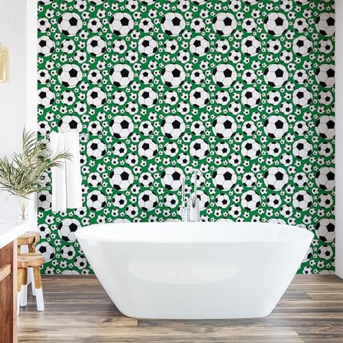 Ambesonne Soccer Peel & Stick Wallpaper for Home, Various Sizes Footballs Pattern Active Lifestyle Popular Sport from Europe, Self-Adhesive Living Room Kitchen, 33 cm x 250 cm, Green Black White