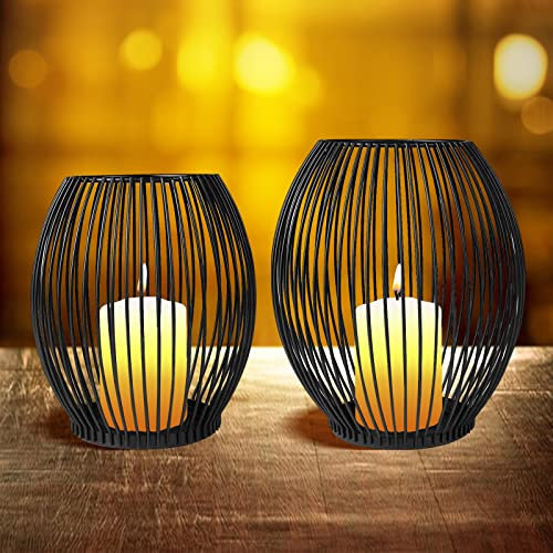 Relota 2 pezzi Porta Candele a Colonna Nero in Metallo Moderno con Piatto, Candelabro Centro Tavola per Candele Bianche Lunghe, Lanterna Portacandela da Tavolo con Candeliere, set di 2