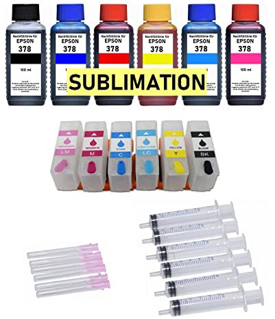 6 wiederbefüllbare Tintenpatronen kompatibel mit Epson 378 XL + 600 ml Sublimationstinte für Expression Photo XP-8000, 8005, 8500, 8505, 8600, 8605, 8700
