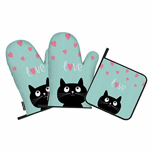 Samgula Süße Ofenhandschuhe und Topflappen mit Katzenmotiv, hitzebeständig, 3-teilig, zum Kochen, Backen, Grillen