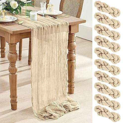 Tischläufer Beige, 10 Stück Tischläufer Salbeibeige, Beige Käsetuch Tischläufer Rustikaler Gaze Stoff Boho Cheesecloth Hochzeit Tischdecke für Hochzeit Brautparty Tischdekoration, 90 x 300 cm