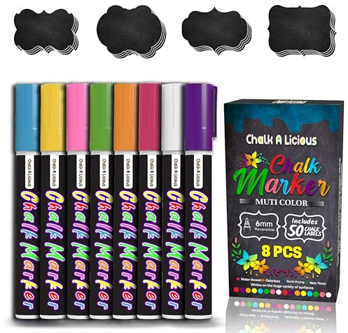Chalk A licious 8x chalk pens for blackboards – Bright Neon Colorful + White Chalk Pens & Markers - Reversible Tips (6mm) Bullet & Chisel