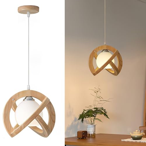 Lámpara Colgante Industrial E27 Vintage Lámpara de Araña de Madera 150cm Ajustable en Altura Lámpara de Techo Retro Iluminación Colgante con Pantalla de Cristal para Comedor Cocina Salon Dormitorio