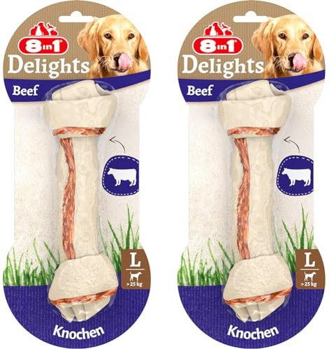 8in1 Delights Beef Knochen L - gesunder Kauknochen für Sensible große Hunde, hochwertiges Rindfleisch eingewickelt in Rinderhaut, 1 Stück (Packung mit 2)