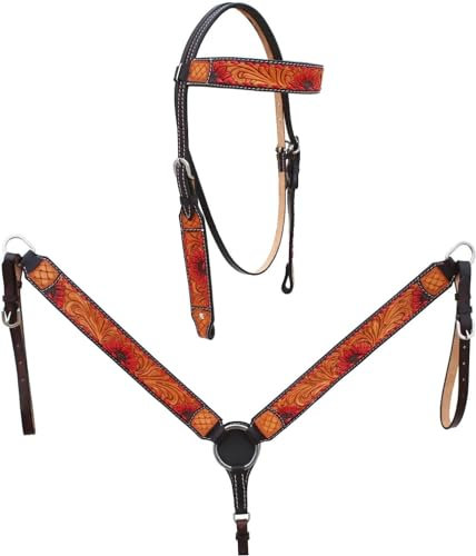 EQUIGEAR Western-Leder-Set mit handgefertigtem Kopfstück und Vorderzeug mit Zügeln. /Size-Full,Cob,Pony AO-0066 (Full)